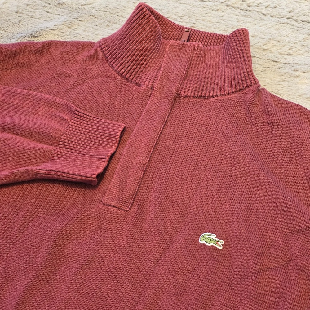 Lacoste Mens Quarter Zip Cotton Knit‎ Sweater Burgundy Maroon Size 6 XL 1086L